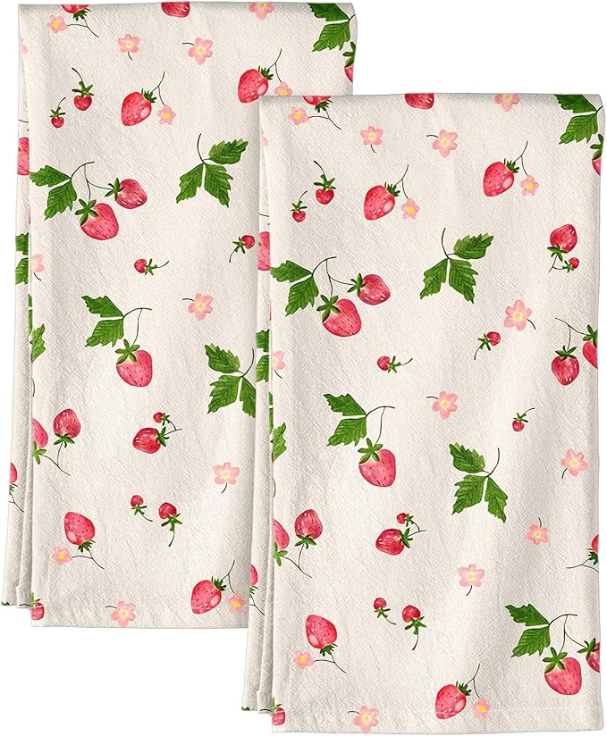 Miss Adola Flour Sack Kitchen Towels - Set of 2 Spring Dish Towels with Hanging Loop 18x26 Inch Absorbent Reusable Cotton Cloths for Cleaning Cute Design Home Decorative Housewarming, Color Strawberry
