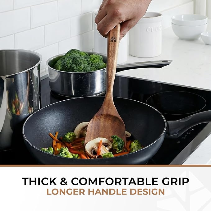 Wooden Spoons for Cooking – 6 Pcs Premium Teak Wooden Utensil Set with Hooks - Durable, Nonstick Safe, Easy to Clean & Heat Resistant with Ergonomic Handles