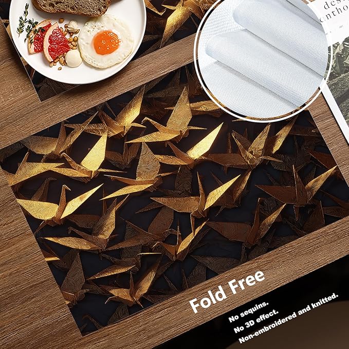 Batmerry Origami Cranes Placemats, Golden Paper Cranes On Dark Washable Linen Table Mats for Kitchen Table Double Insulation Decor Dining Set Indoor Outdoor 12X18 in Set of 4