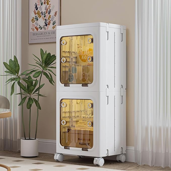 VECELO 98QT Stackable Storage Bins with Lids, Tall Slim 2-Tier Organizer with Wheels, Lockable Clear Doors, Foldable Storage Cabinet for Kitchen, Bathroom, Laundry & Bedroom