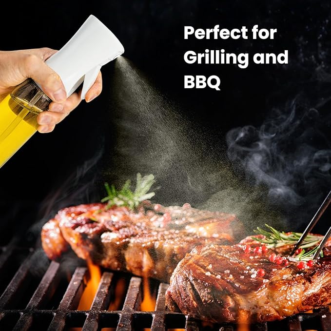 BOKKY Olive Oil Sprayer for Cooking 2 in 1, 220ml Glass Olive Oil Spray Bottle with Continuous Fine Mist, Food Grade Oil Sprayer for Air Fryer, Salad, BBQ, Baking, Frying (Black & White / 2 Pack)