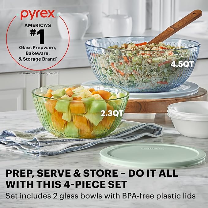 Pyrex Colors (2-Pack) Sculpted Tinted Medium/Large Glass Mixing Bowls With Plastic Lids, Nesting Space Saving Set of Bowls For Prepping and Baking, 2.3QT & 4.5QT