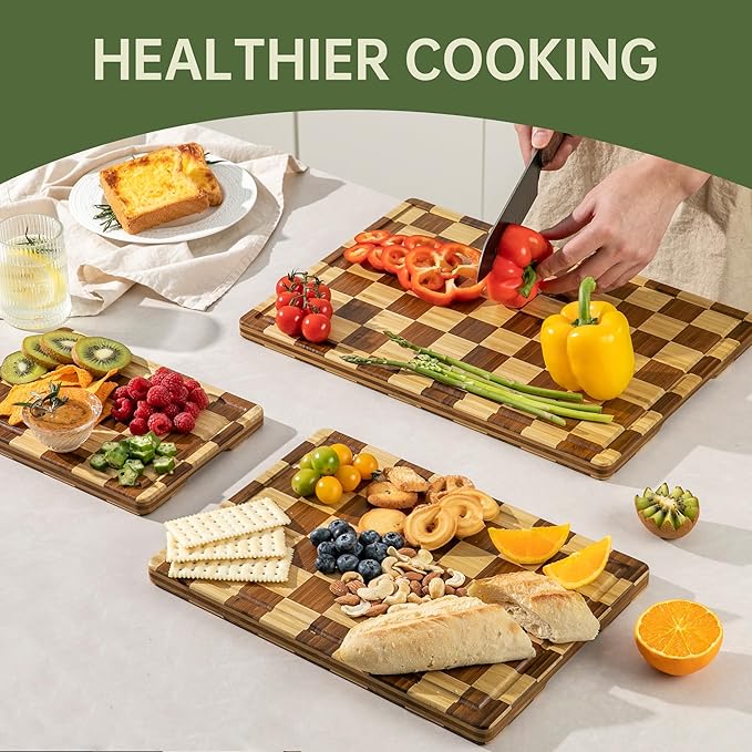 3 Pack Checkered Bamboo Cutting Board Set, Decorative End Grain Thick Wood Cutting Board, Crack-Resistant, Heavy Duty Non-slip Chopping Boards, Aesthetic Serving Trays for Home Decor, Gift