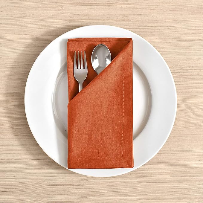 Cloth Napkins Dinner Washable Set of 4 in Cotton Linen Fabric Premium Quality, Mitered Corners for Reusable Every Day Use Pre Shrunk and Good Absorbency Christmas Cloth Napkins (Pack of 4, Rust)