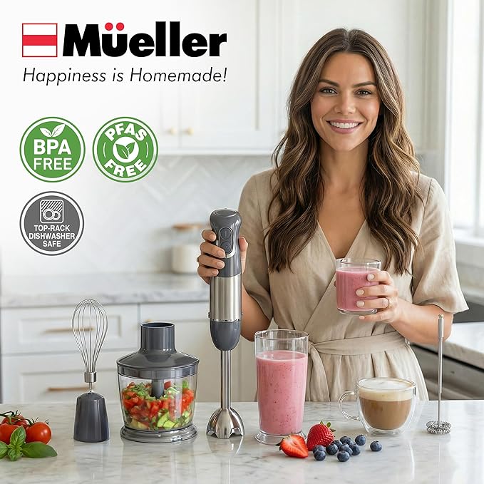 Mueller Multistick 5-in-1 Immersion Blender Handheld,12 Speed Hand Mixer-Turbo Boost,Heaviest Duty Copper Motor,Titanium reinforced Blades Hand Blender,Milk Frother Wand,Whisk,Beaker,Chopper,Grey