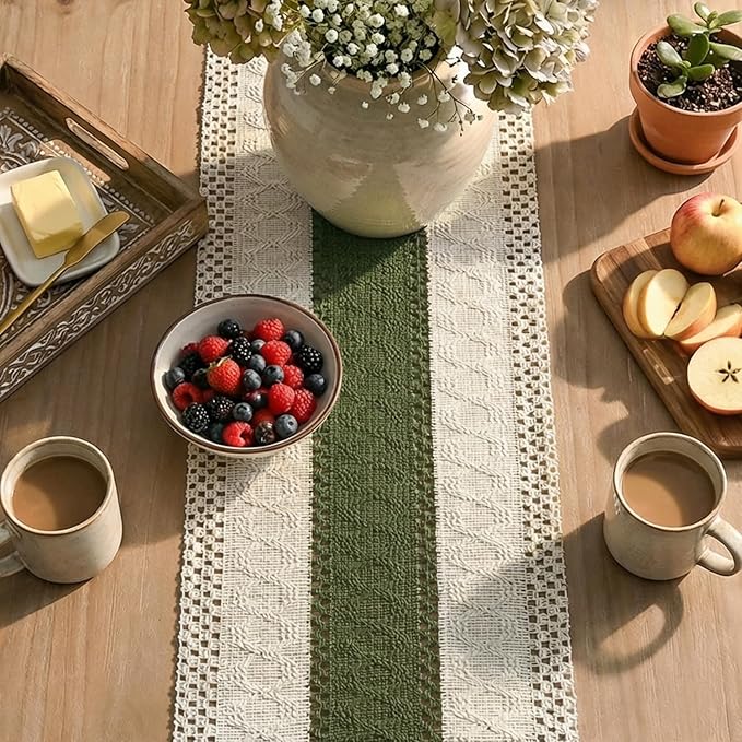Artoid Mode Army Green Farmhouse Rustic Table Runner, Seasonal Holiday Hollow Kitchen Dining Table Decoration for Home Party Decor 12x60 Inch