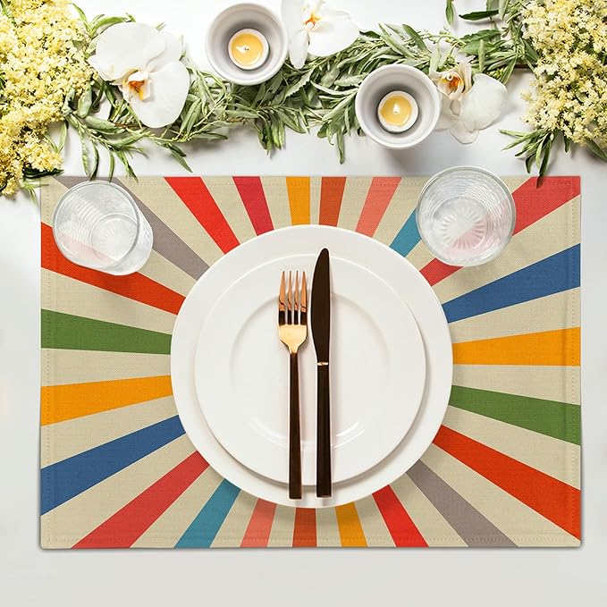 aportt Colorful Boho Placemats Set of 4 Rustic Retro Rainbow 70s Sun Linen Washable Kitchen Dining Table Mats Stain Heat-Resistant Desktop Decor Place Mats for Home Party Indoor 12x18 in