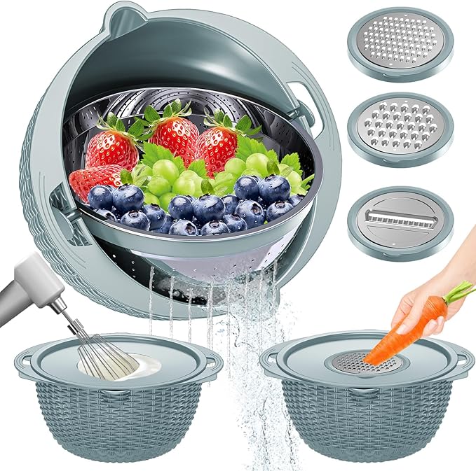 4-1 Colander with Bowl Set - Strainers for Kitchen(Patented), Food Strainers and Colanders, Pasta Strainer with New Upgraded Graters for Fruit, Veggie Washing, Aesthetic Cooking Present - Blue