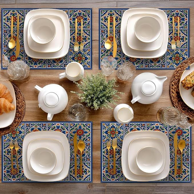 HOMETITUTE Placemats Set of 4 Linen 12x18 Inch Washable Table Mats Mediterranean Style Place Mats Decorative Placemats Set Colorful Farmhouse Kitchen Dining Table Decor
