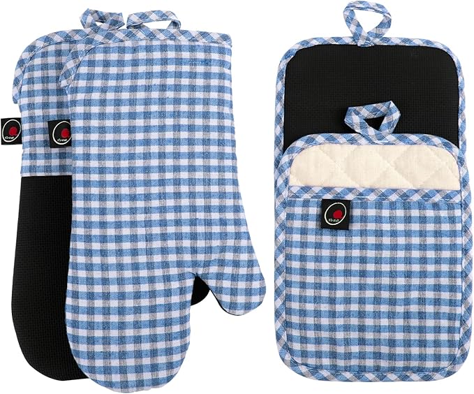 Oven Mitts and Potholders Gloves-Oven Mitts and Pot Holders (Blue Grid)