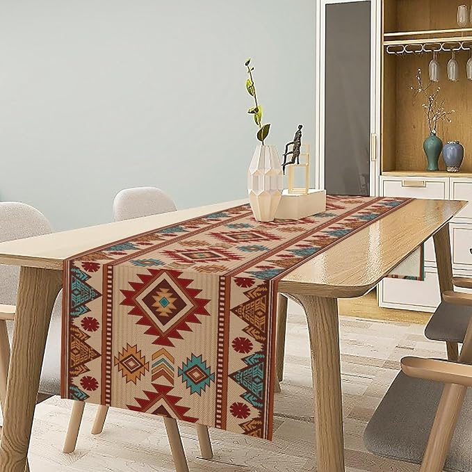 Retro Aztec Table Runner Western Native American Tribal Art Printed Runner for Home Kitchen Dining Table Living Room Decor Fabric 1 Panel W13xL36in