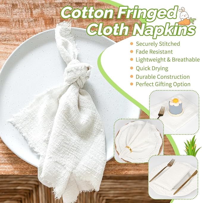 Showgeous 60 Pack White Cloth Napkins with Fringe 16x16 inch 100% Cotton White Napkins Handmade Dinner Napkins Bulk Washable Soft Rustic Table Napkins for Wedding Parties Bridal Baby Shower