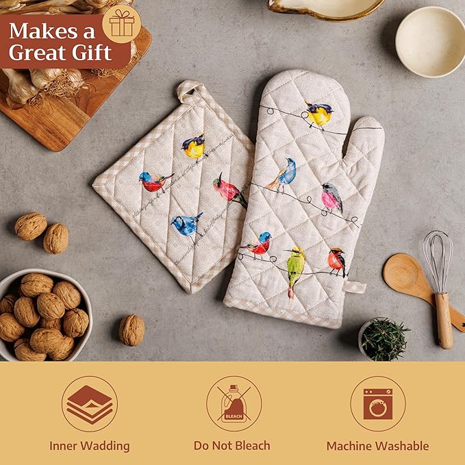 Maison d' Hermine Pot Holders 100% Cotton Heat Resistant Potholders 8" x 8" Hot Pads with Loop BBQ Cooking Baking Gifts for Mothers Day Handling Hot Pans Spring/Summer(Pack of 2, Birdies on Wire)