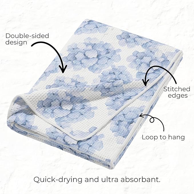 HALL & PERRY Kitchen Tea Towel, Ultra Soft, Quick Dry Microfiber Dish Cloths - 18"x30" Premium Quality Waffle Towel - Stripes and Flowers, Blue (2, Sammie)