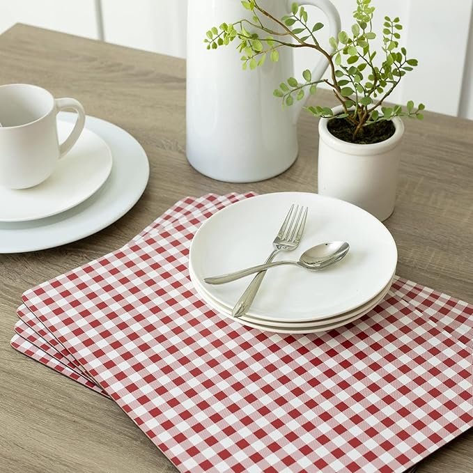 Benson Mills Cork Placemats Set of 4, Thick Cork Place Mats for Kitchen and Dining Tables, Easy Clean Table Mats (12" x 16" Rectangular Set of 4, Gingham Check Red)