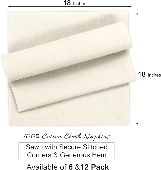 Ruvanti Cloth Napkins Set of 12, 100% Cotton High GSM 18x18 Inches Soft, Washable, Highly Durable & Absorbent, Perfect for Parties, Christmas, Thanksgiving Dinners – Antique White