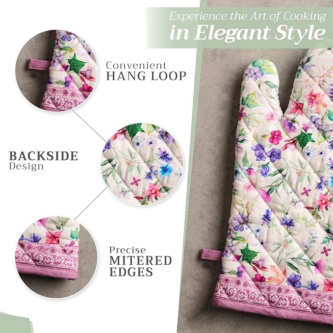 Maison d' Hermine 100% Cotton Oven Mitt & Pot Holder Set (7.5"x13" & 8"x8") Heat Resistant BBQ Cooking Gloves with Loop Baking Grilling Kitchen Gifts for Mothers Day Spring/Summer (Chardon)