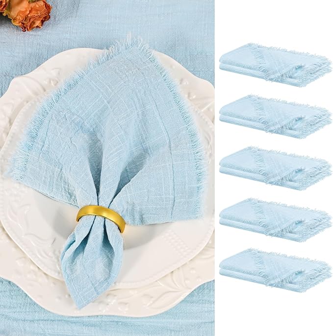 Showgeous 10 Pack Light Blue Cloth Napkins with Fringe 16x16 inch 100% Cotton Blue Napkins Handmade Dinner Napkins Bulk Washable Soft Rustic Table Napkins for Wedding Parties Bridal Baby Shower