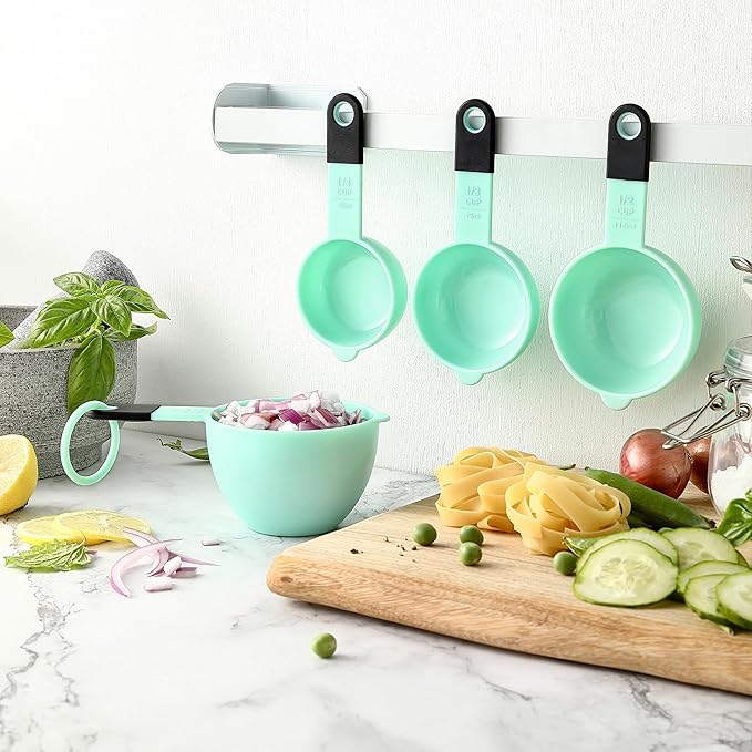 Spring Chef Mint Magnetic Measuring Cups and Spoons Set of 9, Stackable Plastic Kitchen Tool with Easy to Read Markings - Measure Dry or Liquid Ingredient for Baking & Cooking, BPA Free