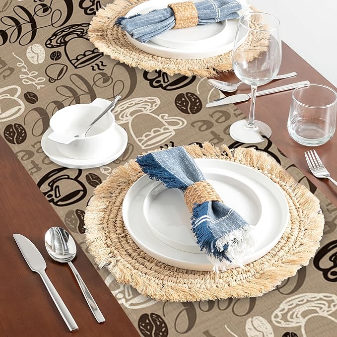 Retro Coffee Cup Table Runner Linen Long Farmhouse Rustic TableRunner for Party Holiday Dining Room /Kitchen,13 x 70 Inches