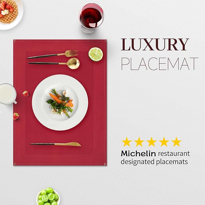 Red Placemats Set of 4, 12x18 Inch Heat-Resistant Washable Easy to Clean Place Mats, Faux Linen Cloth Table Mats Suitable for Indoor/Outdoor Parties & Kitchen Decor (Red)