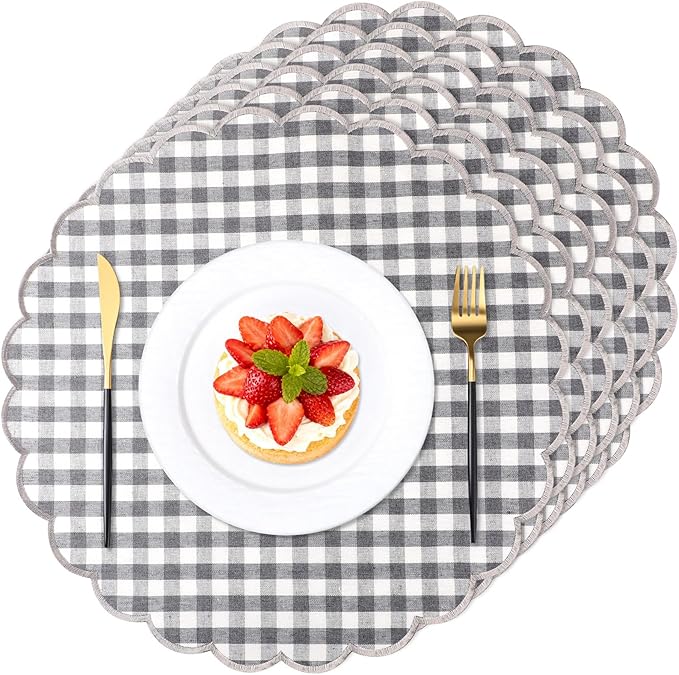 Set of 6 Round Placemats 15 Inch Cotton Scalloped Embroidery Placemat Washable Double Layered Rustic Dinner Table Mat Decor Fabric for Hotel Restaurant Kitchen(Grey,Plaid)