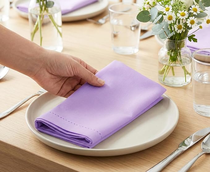 PurpleEssences Set of 12 Hemstitch Cloth Dinner Napkins 100% Cotton - Soft Durable Washable - Ideal for Wedding Spring Easter Summer - Perfect Everyday Use Table Linen 18x18 - Lavender