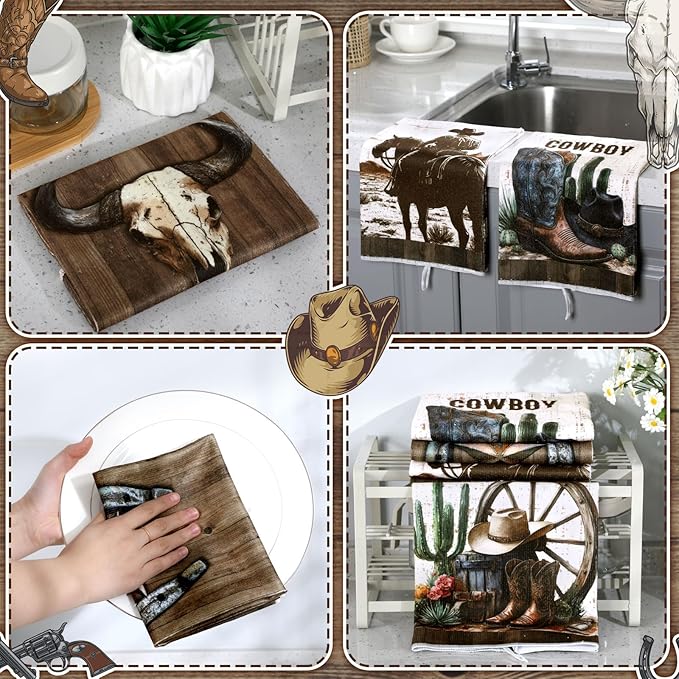 Bencailor 6 Pcs Western Cow Kitchen Towels Decorative Sets Dish Towels Absorbent Fast Drying Hand Tea Vintage Hanging Reusable Cleaning Dishcloths for Cooking Farmhouse Bathroom Accessory