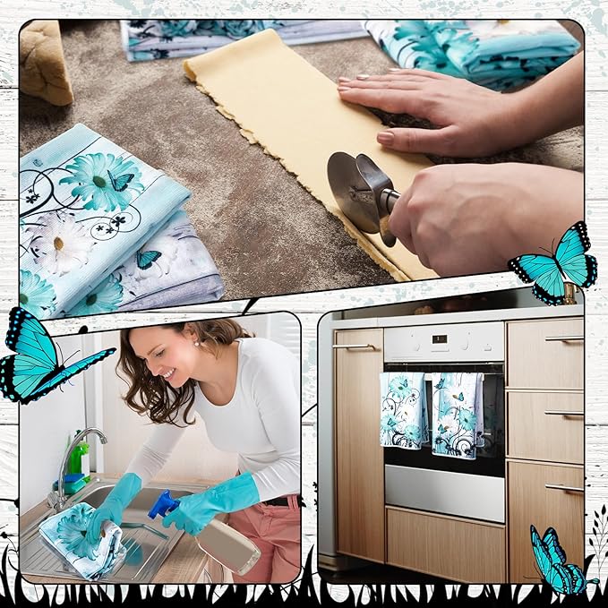 Breling Set of 6 Teal Daisy Kitchen Towel Vintage Themed Dish Towel Turquoise Bathroom Decorative Rustic Tea Cloths for Kitchen Bathroom Home Cooking Housewarming Gifts, 14 x 21 Inch