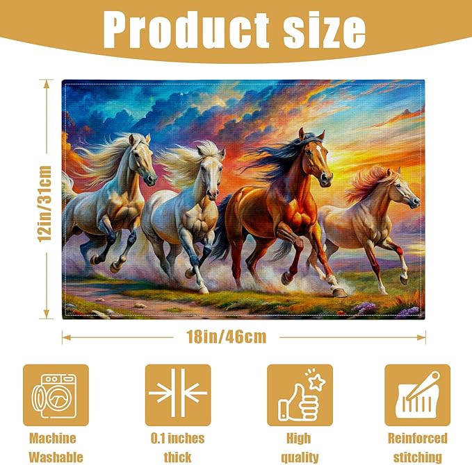 Watercolor Horse Running Placemats Set of 6, Linen Place Mat Washable Stain Resistant Table Mats for Farmhouse Kitchen Dining Holiday Party Wedding Decor 12x18 Inch