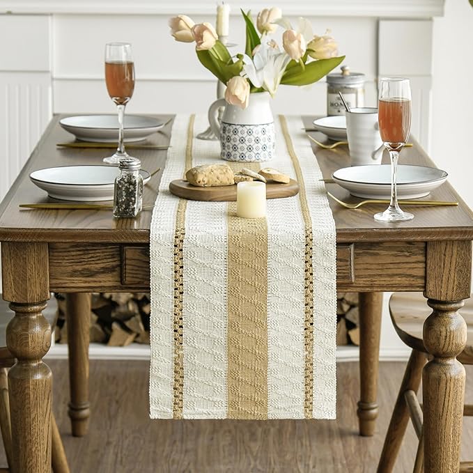 Artoid Mode Burlap Brown Farmhouse Woven Rustic Table Runner, Seasonal Holiday Hollow Kitchen Dining Table Decoration for Home Party Decor 12x60 Inch