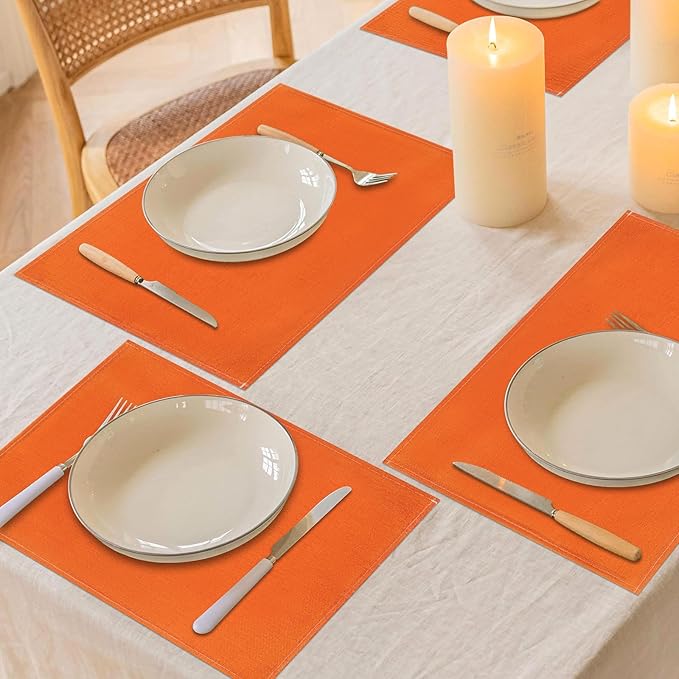 Niviy Orange Fall Placemats Set of 6, 12x18 Inch Washable Easy to Clean Heat-Resistant Anti-Skid Indoor Outdoor Table Mats for Holiday Party Kitchen Dining Room Decoration