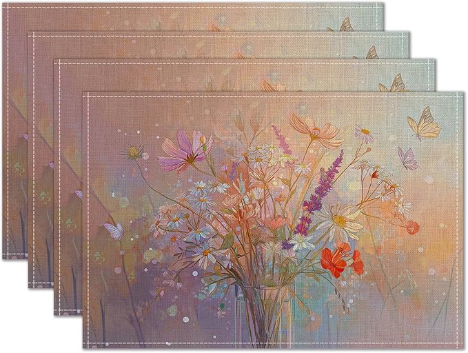 HOMETITUTE Placemats Set of 4 12x18 inch Spring Table Mats for Dining Table Floral Bouquet Linen Placemats Farmhouse Decorations Kitchen Decor Desk Mat for Outdoor Home Party Kitchen Seasonal Dining