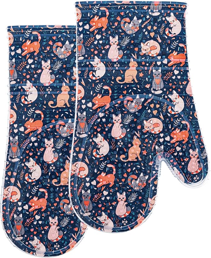 Oven Mitts Set of 2 with Transparent Clear Silicone Shell and Nice cat Printing Cotton Lining, Heat Resistant to 500 F Kitchen Oven Gloves Pot Holder for Cooking (Navy, Cat, Oven Mitts)