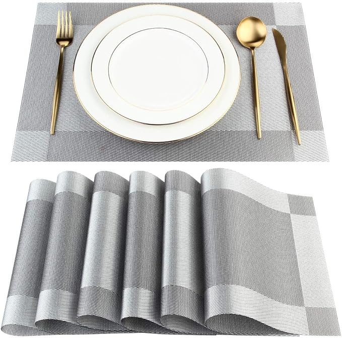 DACHUI Placemats Set of 8, Linen Look Woven Place Mats, Water Resistant, Heat Resistant, Washable, Durable Table Mats (Silver Grey)