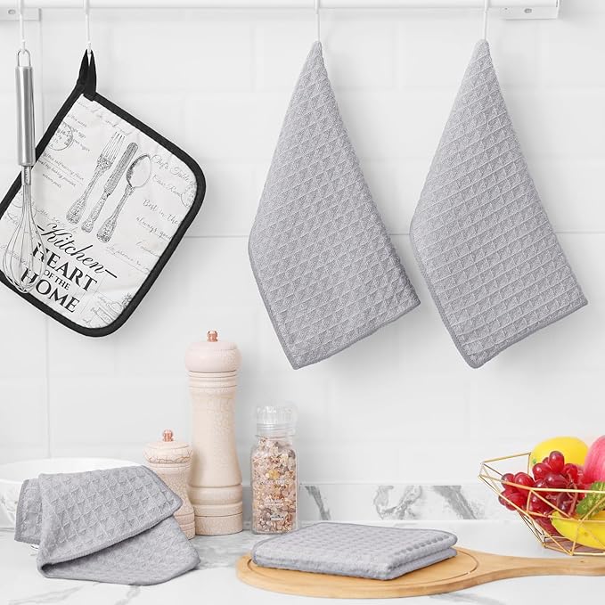 Homaxy Microfiber Waffle Weave Kitchen Towels Set, 16 x 28 Inch and 12 x 12 Inch Ultra Absorbent and Solid Color Dish Towels, 12 Pack, Grey