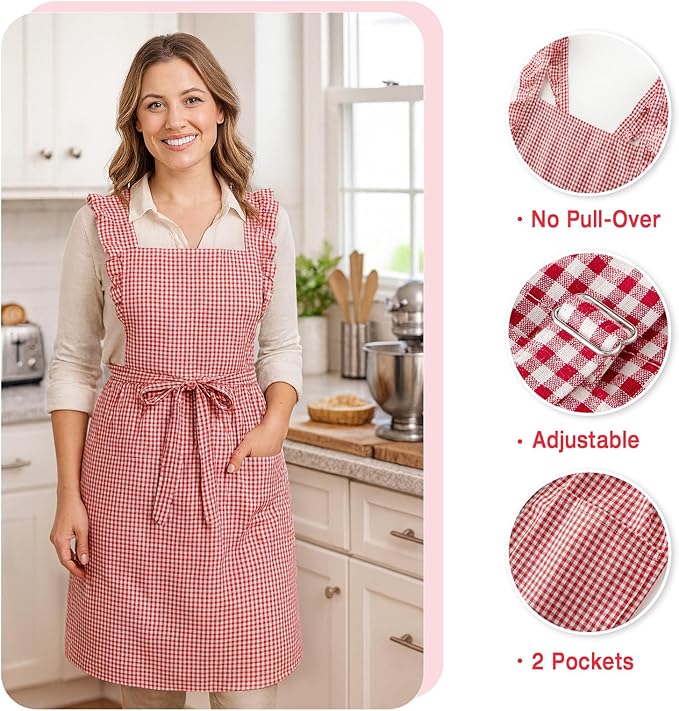Vintage Gingham Apron for Women, Ruffle Straps, 2 Pockets, Soft Cotton, Apron Dress Style for Cooking & Baking