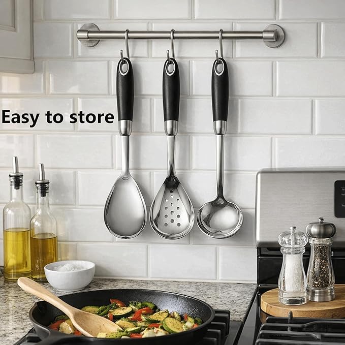 304 Stainless Steel Spoon Set, Soup Ladle, Solid & Slotted Cooking Spoons, Non-Slip Heat-Resistant Handles, Dishwasher Safe Kitchen Tools,Stainless Steel Large Serving Spoons Set pack of 3