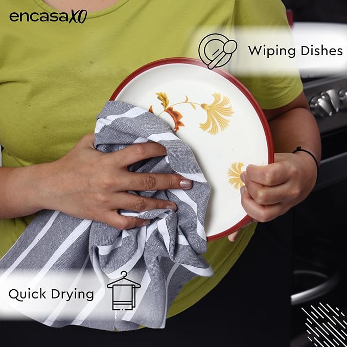 Encasa XO Cotton Kitchen Towel Set | Hand and Tea Cloth for Cleaning & Quick Drying, X-Large 28"x18" (Pack of 4) Highly Absorbent - Roma Grey Stripes