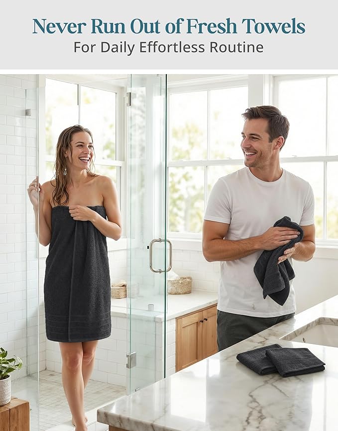 Casa Platino 100% Cotton Bath Towel Pack of 8 - Soft, Quick Dry & Highly Absorbent - 2 Bath, 4 Washcloths, 2 Hand Towels for Bathroom - Durable, Premium Quality & Ideal Gift for Him - Midnight Black