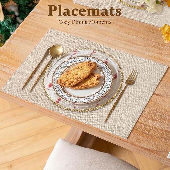 Bloss Beige Placemats Set of 4-12x18 Inch Table Mats Washable Heat-Resistant Place Mats for Dining Table, Easy to Clean Seasonal Place Mats for Holiday Party Kitchen Dining Table Decoration