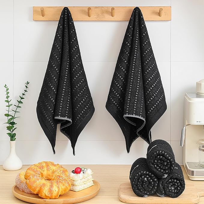 SALAS Kitchen Dish Towels, Bulk Cotton Kitchen Hand Towels, 390 GMS Plaid Dish Cloths Rags for Drying Dishes with Hanging Loop, 16‘’ x 26‘’, 4 Packs, Black