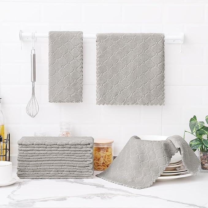 Homaxy 24 Pack Dish Towels for Kitchen (10 x 20 Inches, Grey), Super Soft and Absorbent Coral Velvet Dish Cloths for Washing Dishes, Nonstick Oil Fast Drying Microfiber Cleaning Cloth