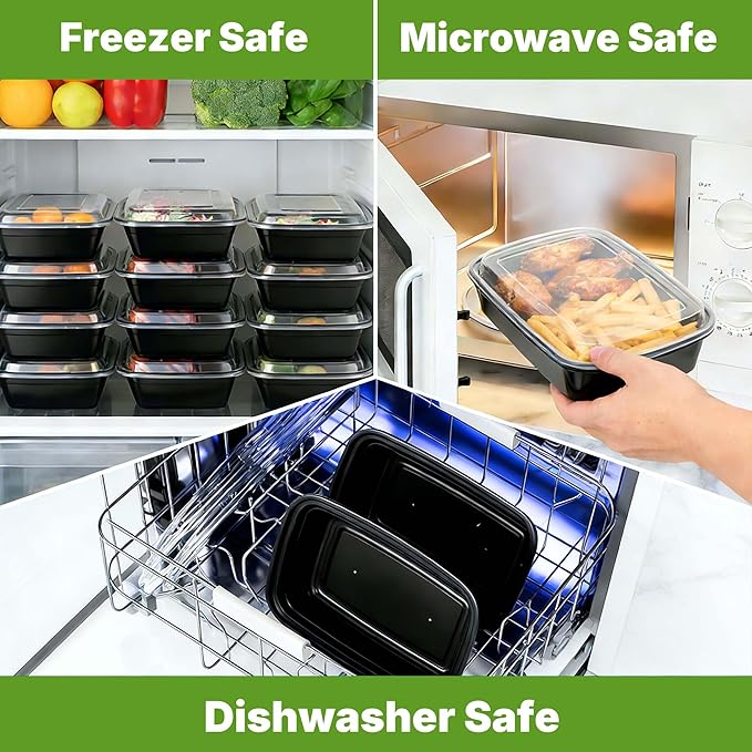Meal Prep Containers with Lids, Reusable 38oz Rectangle Food Storage, Sturdy Leakproof & Food Safe, Microwave Freezer Dishwasher Safe, To-Go Takeout Plastic Containers, 50 Pack (100-Piece) – 60830