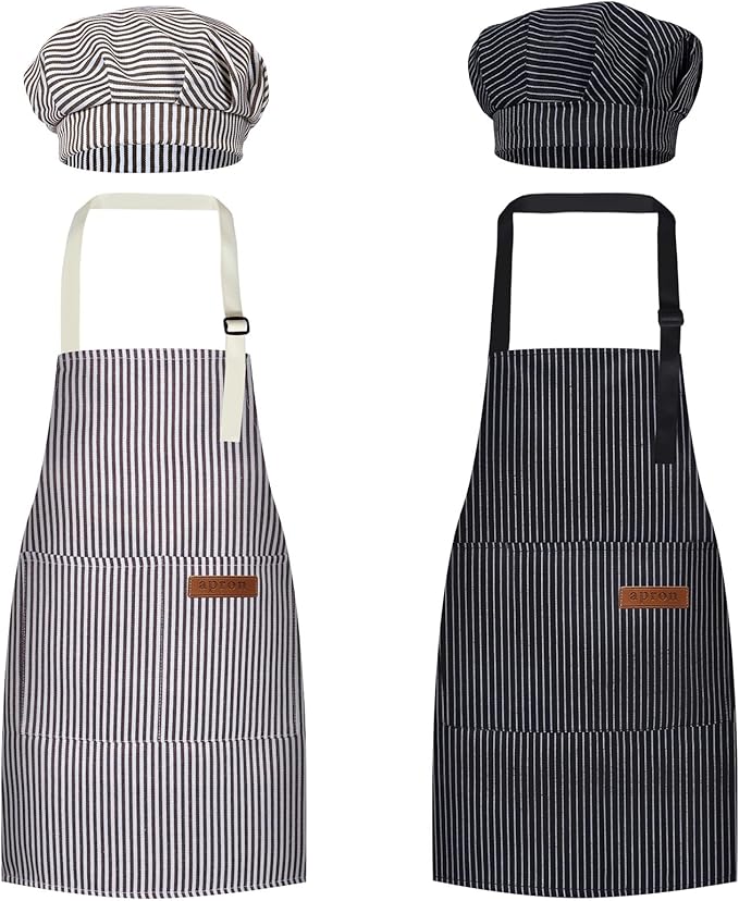 2 Pack Kids Chef Set, Striped Apron & Hat with Pockets, Adjustable Baking Smock for Boys & Girls