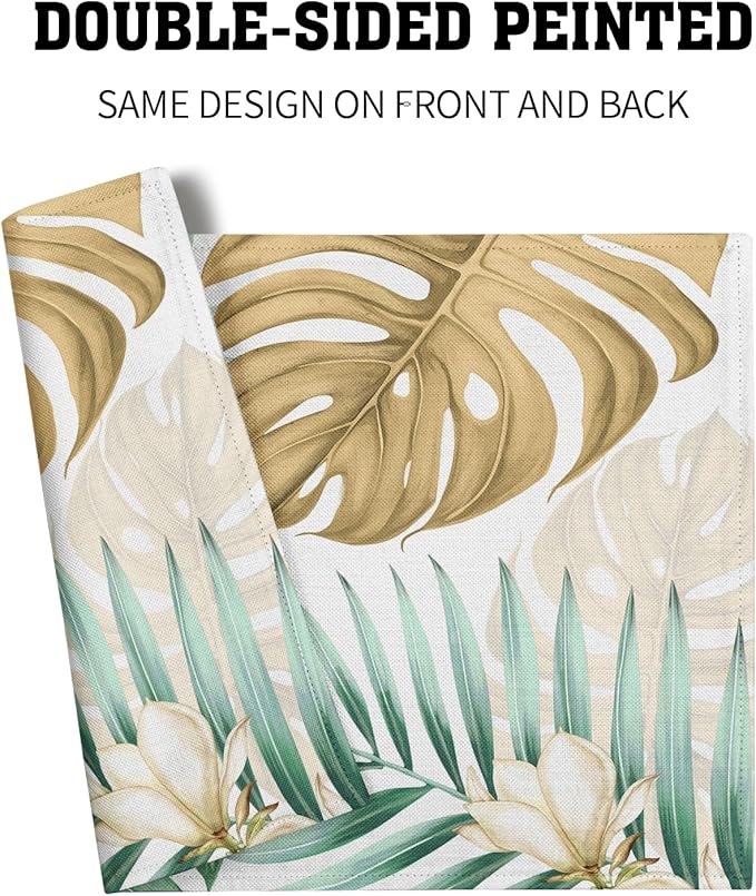 Giwawa 4PCs Tropical Palm Leaf Placemats Summer Green Brown Banana Leaves Decorative Linen Table Mat 12"x18" Hawaiian Monstera Flowers Heat Resistant Washable Place Mats for Kitchen Dining