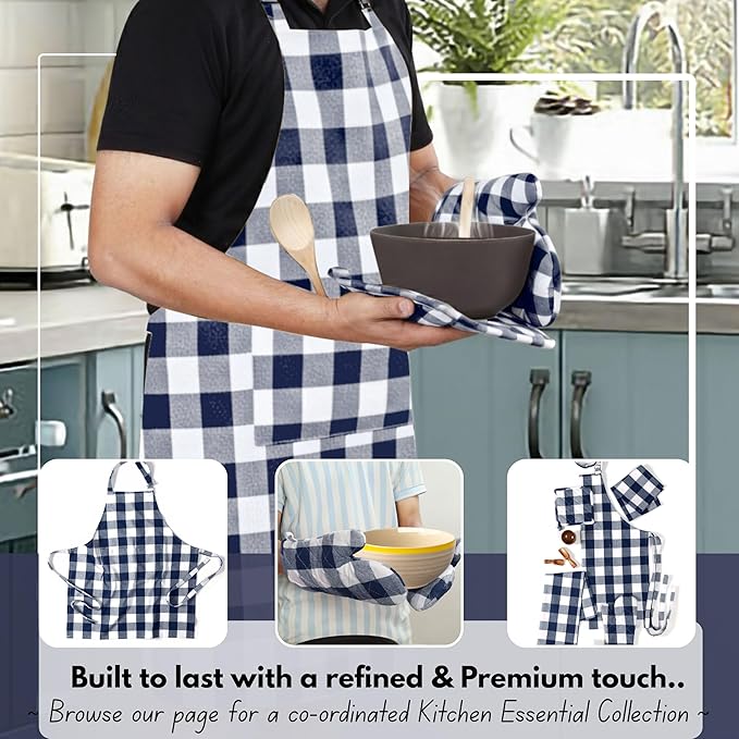 Native Fab Buffalo Plaid Check Oven Mitts and Pot Holders Set of 4, 100% Cotton Heat Resistant Kitchen Gloves, 2 Oven Mitts (7x13), 2 Pot Holders (8x8) for Cooking & Baking, Navy White