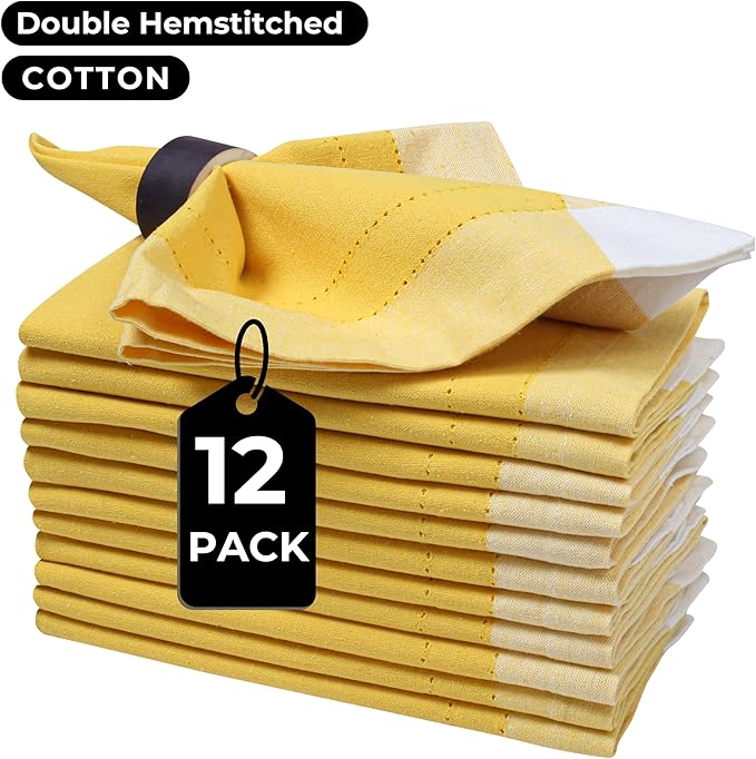 Homidate Cotton Cloth Napkins Set of 12 – 20x20 Yellow Multi Double Hemstitched – Machine Washable Fabric Dinner Napkins for Weddings, Parties & Table Settings