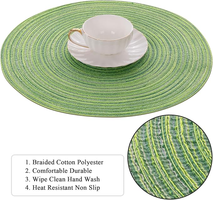 SHACOS Round Placemats Set of 4 Round Table Placemats Braided Cotton Place Mats 15 inch for Kitchen Dining Table Holiday Party (Mixed Color Pea Green, 4)