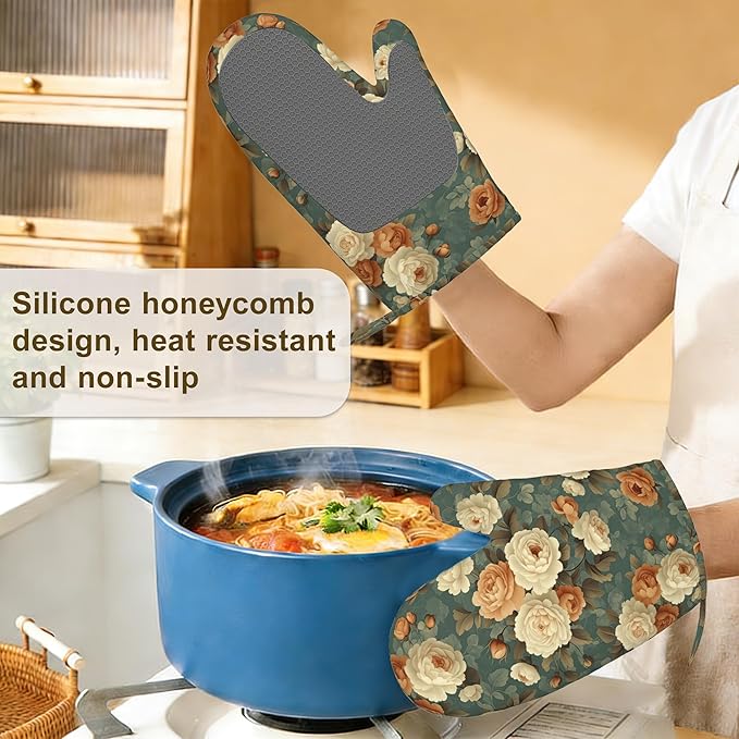 Vintage Rose Flower Oven Mitts and Pot Holders Set of 4,Retro Floral Kitchen Glove Heat Resistant Oven Mitts with Non-Slip Silicone for Baking, Cooking, BBQ